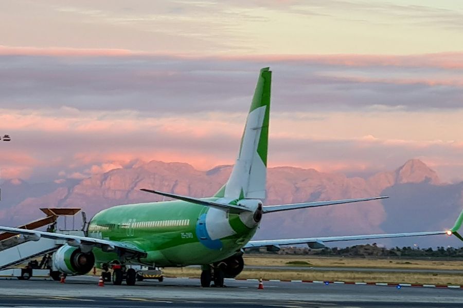 A passenger jet on the apron at Cape Town International Airport