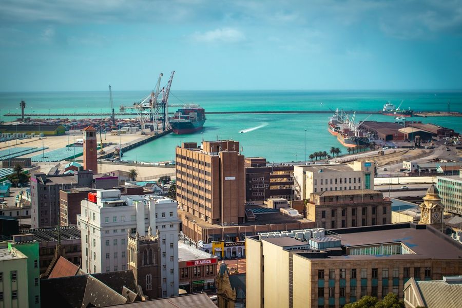 Cargo ships and cranes in the harbour at Port Elizabeth, South Africa